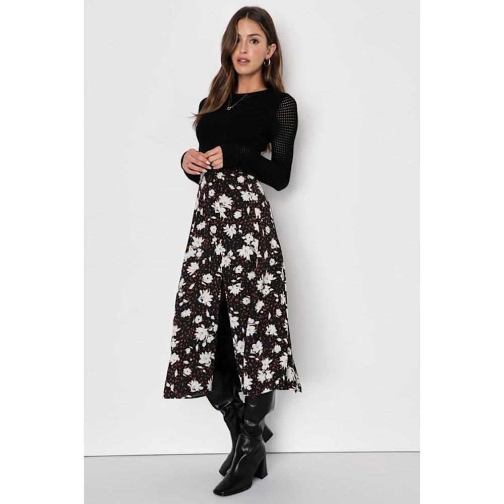 Lulus Always Praiseworthy Black Floral Print Midi Skirt